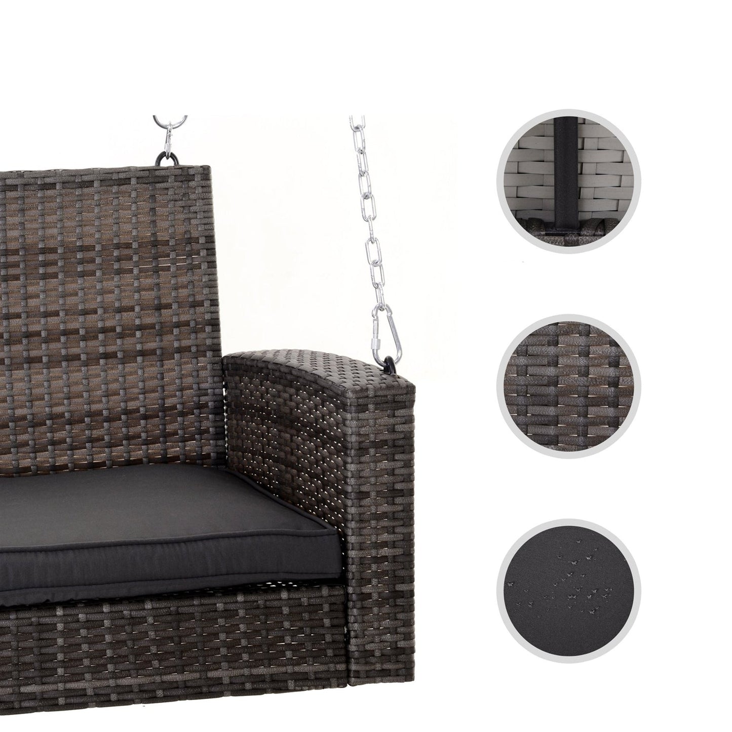 Grey Tones Wicker Porch Swing 7ft Hanging Chain with Dark Grey Padded Cushion, close-up of wicker texture and cushion details.