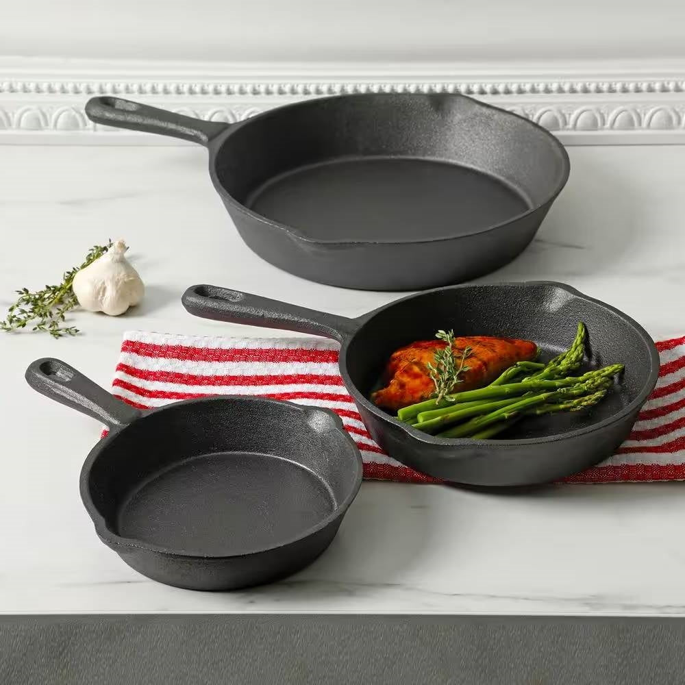 3-Piece Cast Iron Cookware Set with 8-inch 6-inch and 10-inch Skillet Frying Pan displayed on kitchen counter