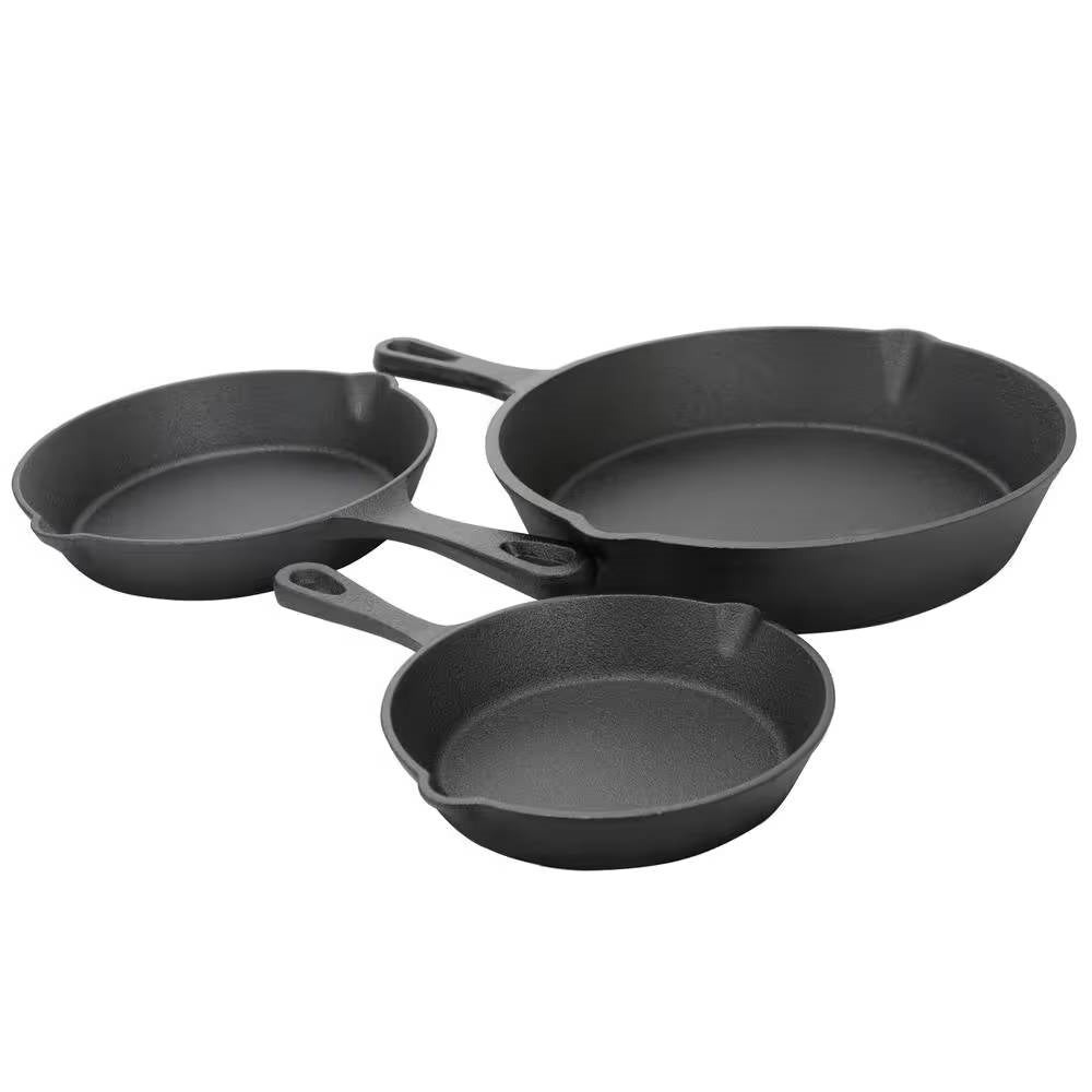 3-Piece Cast Iron Cookware Set with 8-inch 6-inch and 10-inch Skillet Frying Pan featuring heavy-duty, preseasoned pans.