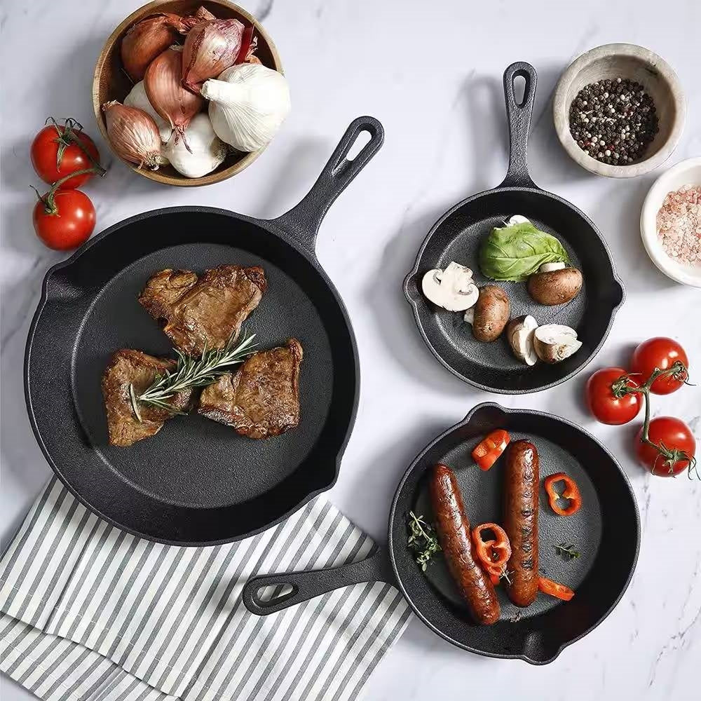 3-Piece Cast Iron Cookware Set with 8-inch 6-inch and 10-inch Skillet Frying Pan displayed with cooked food