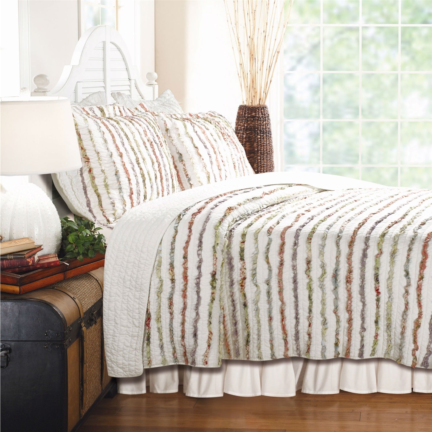 Twin size 100% Cotton Ruffle Stripes Quilt Set - Machine Washable on a neatly made bed.