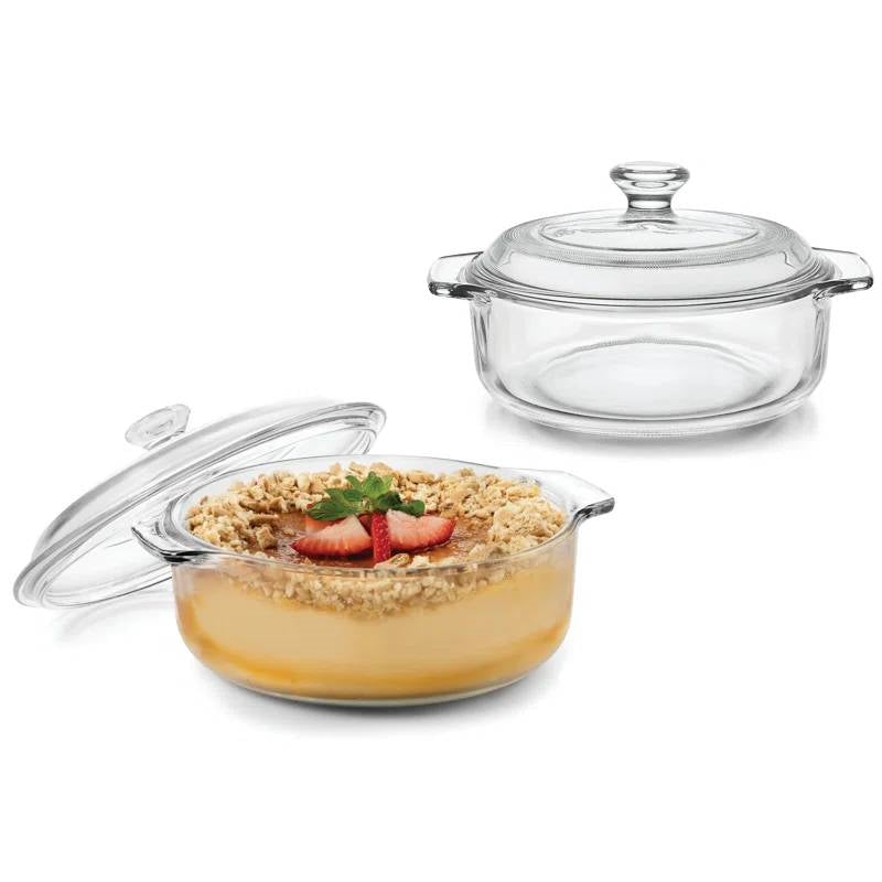 Set of 2 - 1-Quart Glass Dutch Oven Casserole Bakeware Baking Dishes with Lids showcasing transparent glass design and even heating.