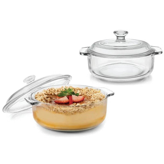Set of 2 - 1-Quart Glass Dutch Oven Casserole Bakeware Baking Dishes with Lids showcasing transparent glass design and even heating.
