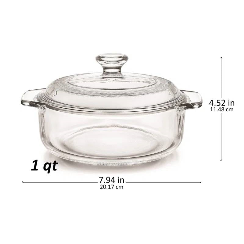 Image of 1-Quart Glass Dutch Oven from Set of 2 - 1-Quart Glass Dutch Oven Casserole Bakeware Baking Dishes with Lids, showing dimensions.