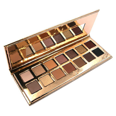 Go2 EARTH METALS - GES06 palette with 14 warm and cool neutrals in matte, shimmer, and foil finishes displayed in a gold case.