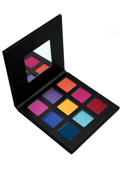 Open SHOCKED - GES13 eyeshadow palette showcasing nine vibrant shades including mattes and shimmers, ideal for creative makeup looks.