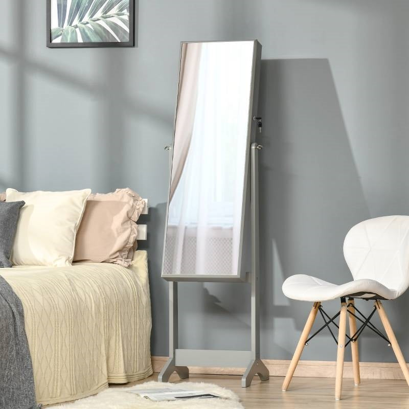 2-in-1 Jewelry Storage Cabinet Full Length Mirror in Gray Wood Finish with stand in bedroom setting