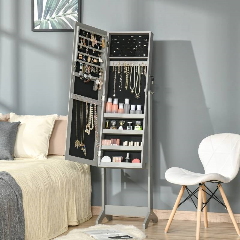 2-in-1 Jewelry Storage Cabinet Full Length Mirror in Gray Wood Finish with open doors displaying organized jewelry and accessories.