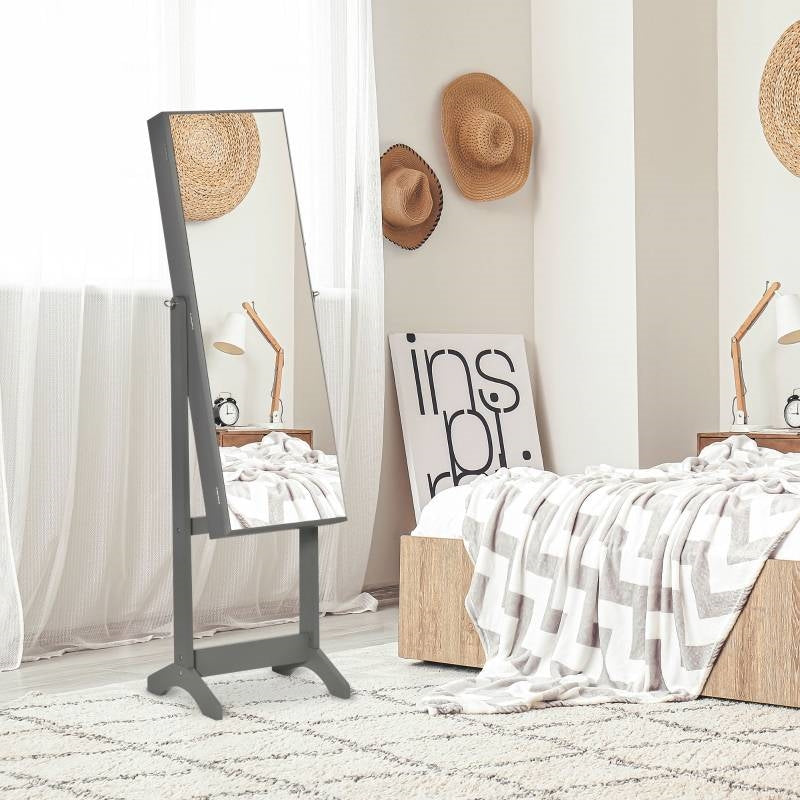 2-in-1 Jewelry Storage Cabinet Full Length Mirror in Gray Wood Finish with adjustable angles in a bedroom setting.