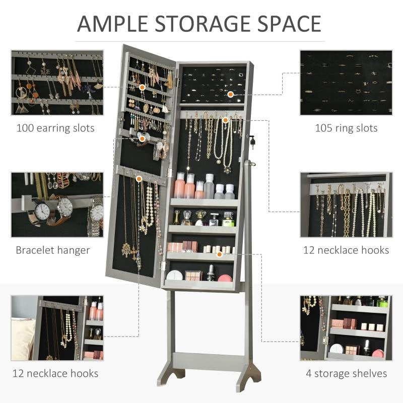 2-in-1 Jewelry Storage Cabinet Full Length Mirror in Gray Wood Finish with earring slots, necklace hooks, and storage shelves