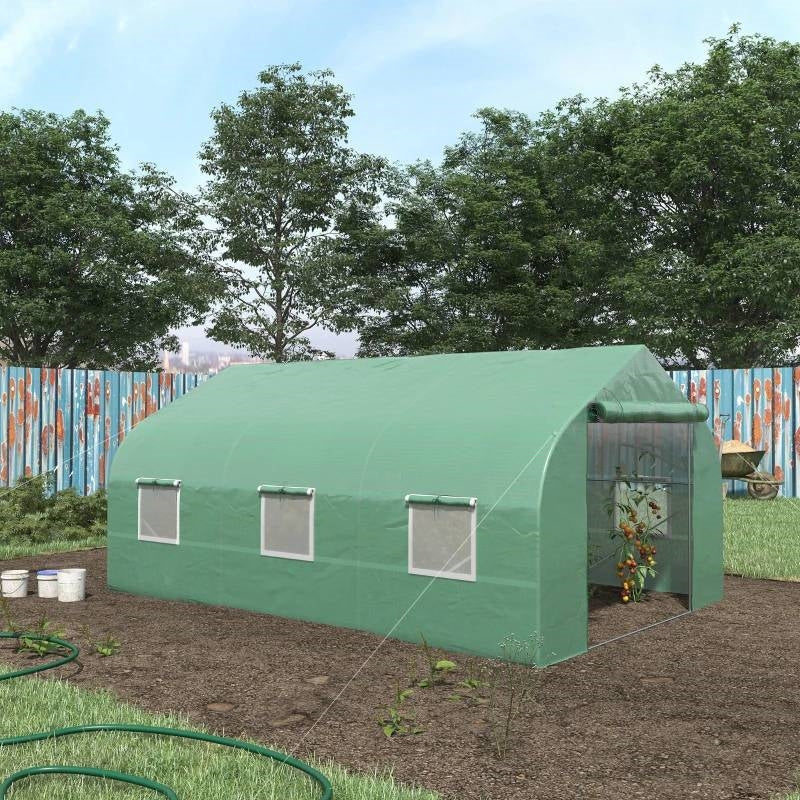 11.5 ft x 9.8 ft. Greenhouse with Green PE Cover and Heavy Duty Steel Frame in a garden setting