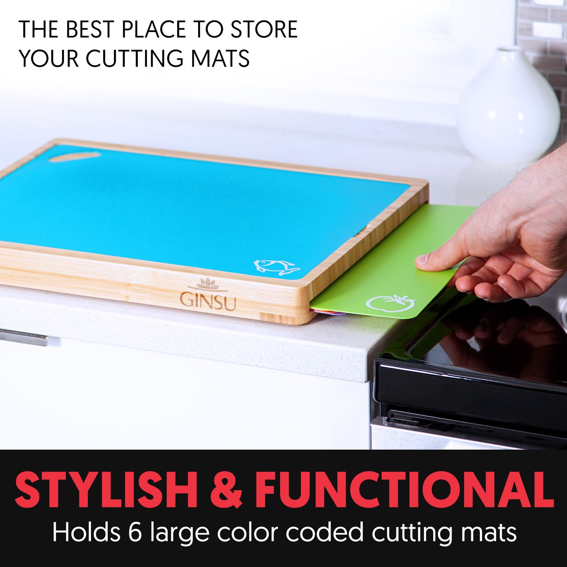 Ginsu Bamboo Wood Cutting Board Set with 6 Color-Coded Mats and Food Icons for Easy Meal Prep and Cleanup on countertop