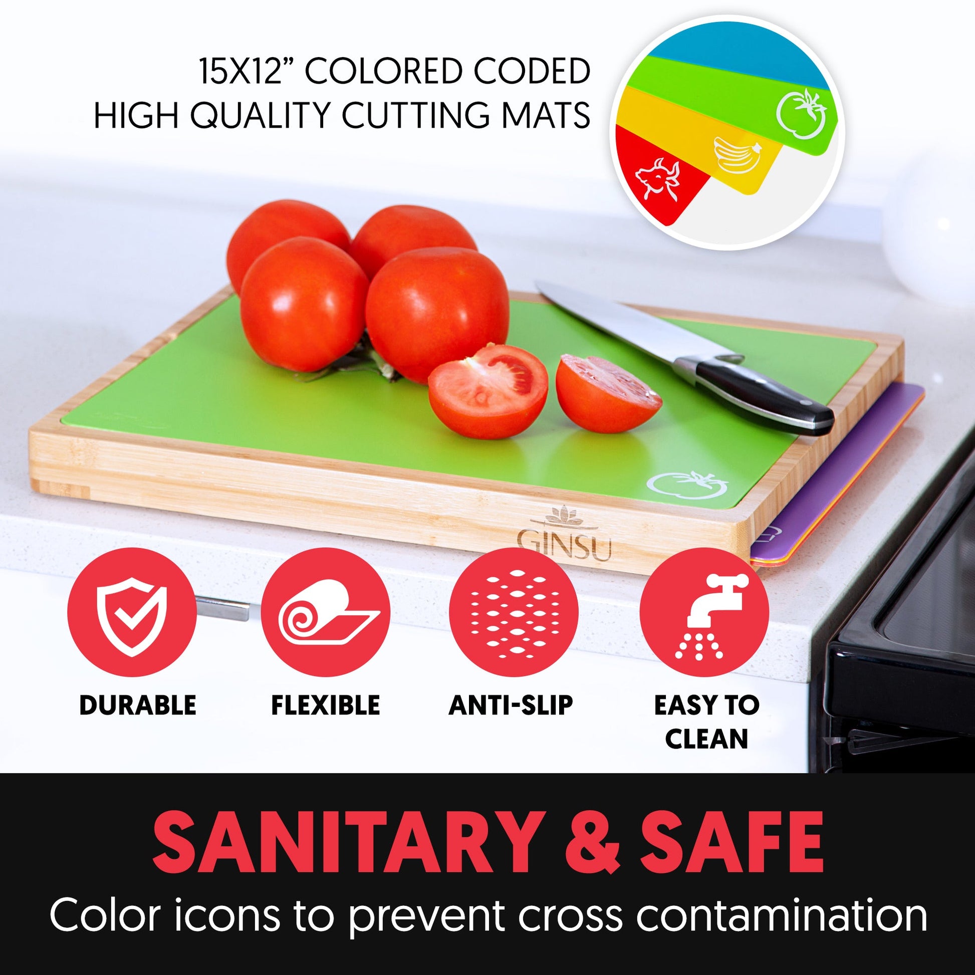 Ginsu Bamboo Wood Cutting Board Set with 6 Color-Coded Mats and Food Icons for Easy Meal Prep and Cleanup, featuring tomatoes on a green mat.