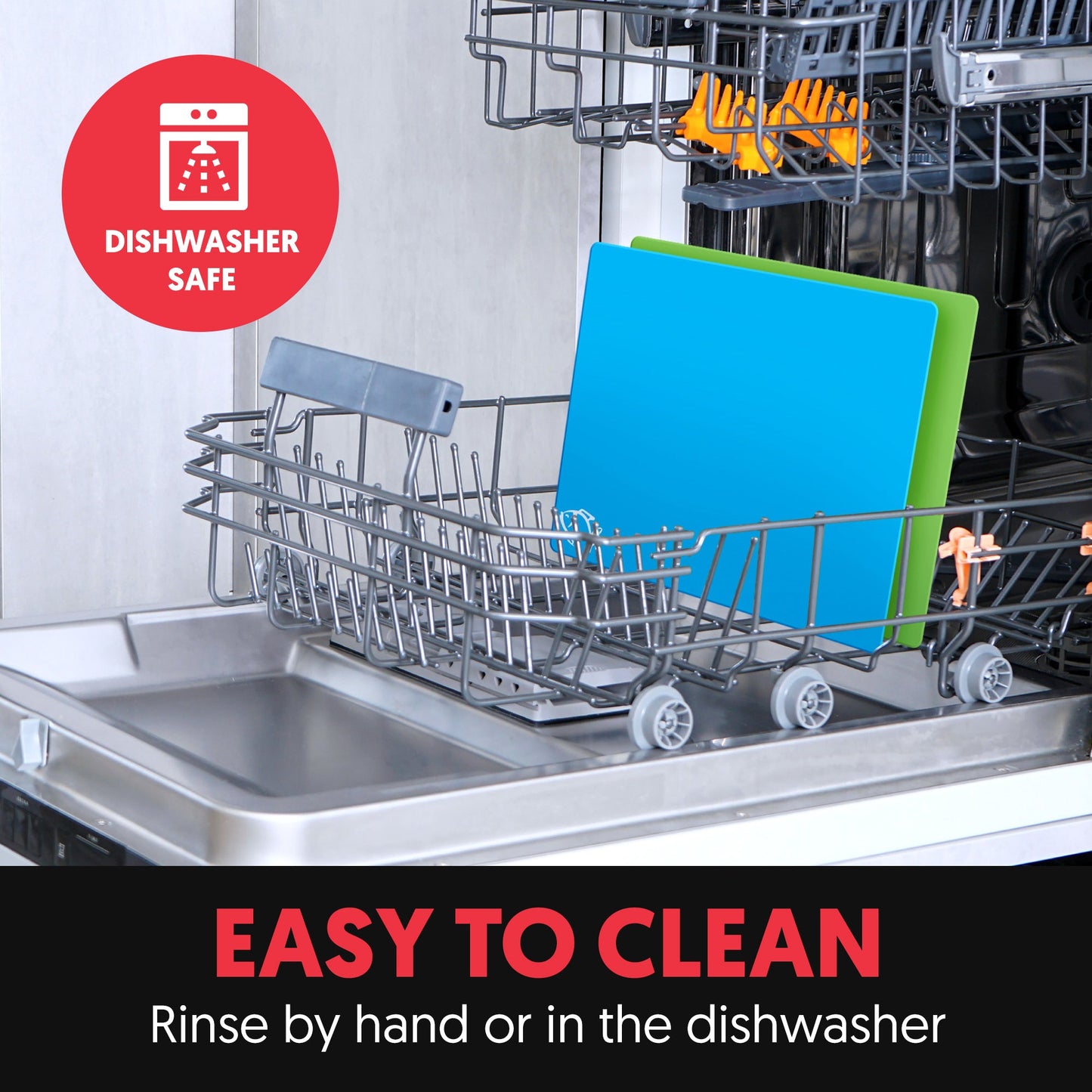 Ginsu Bamboo Wood Cutting Board Set with 6 Color-Coded Mats in dishwasher demonstrating easy clean-up feature.