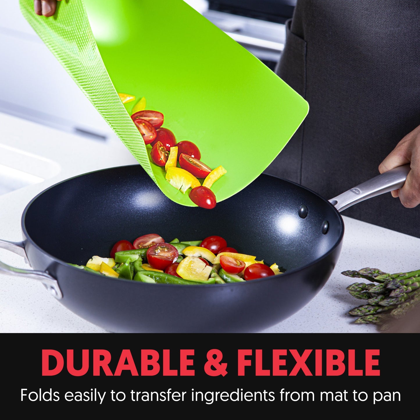 Ginsu Bamboo Wood Cutting Board Set with 6 Color-Coded Mats and Food Icons for Easy Meal Prep and Cleanup in use with wok pan.