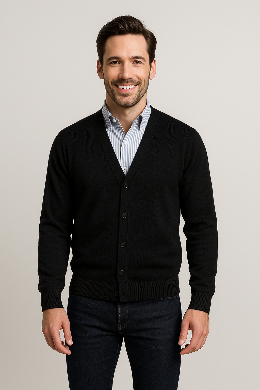Man wearing Merino Wool Cardigan in Black with button front and ribbed trim, showcasing a casual style suitable for work or weekends.
