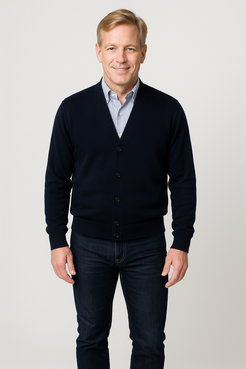 Man wearing a Merino Wool Cardigan in Navy with button front and ribbed trim, paired with a light shirt and dark jeans.