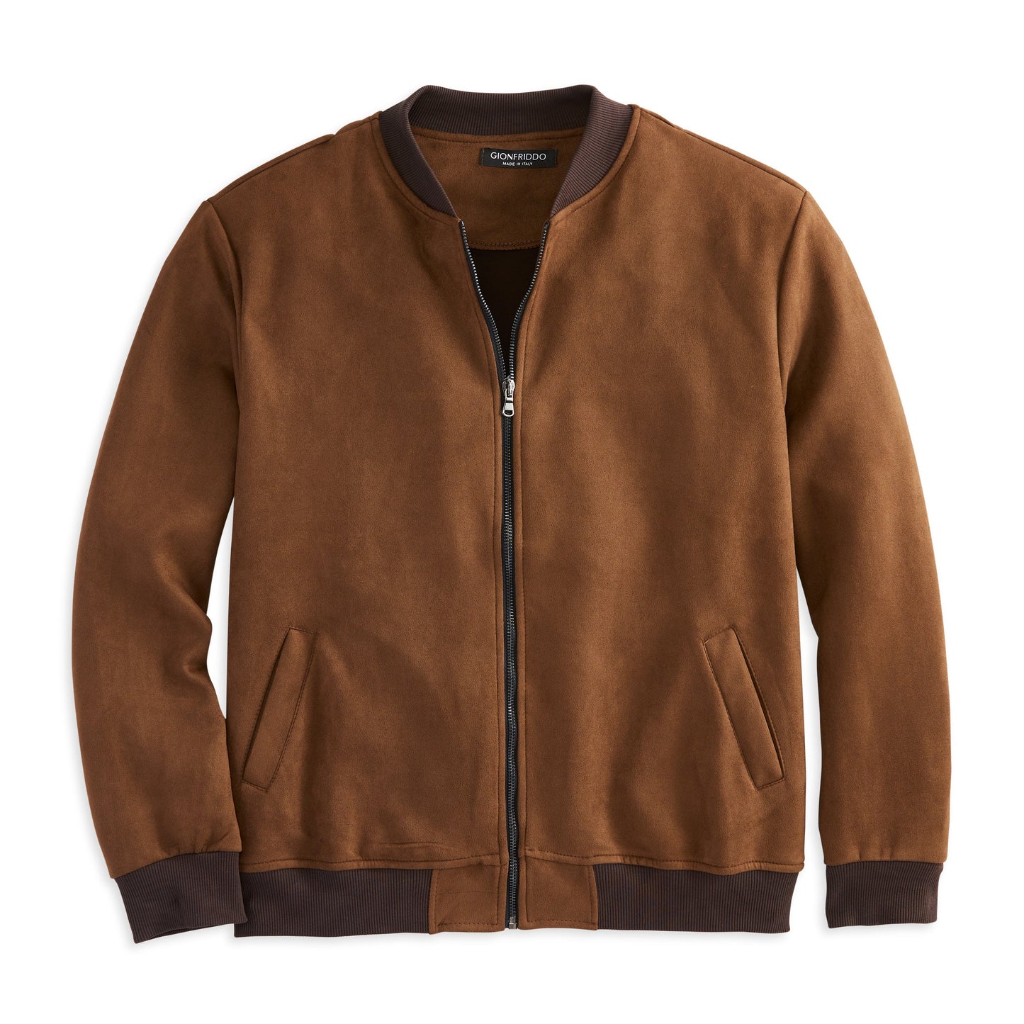 Brown microfiber baseball jacket with ribbed waist and wrists, full-zip closure, sleek and stylish for everyday wear.
