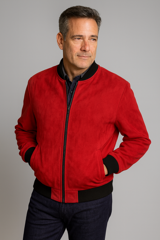 Man wearing Baseball Jacket - Red, microfiber material with ribbed finish and full-zip closure, showcasing a stylish and comfortable look.