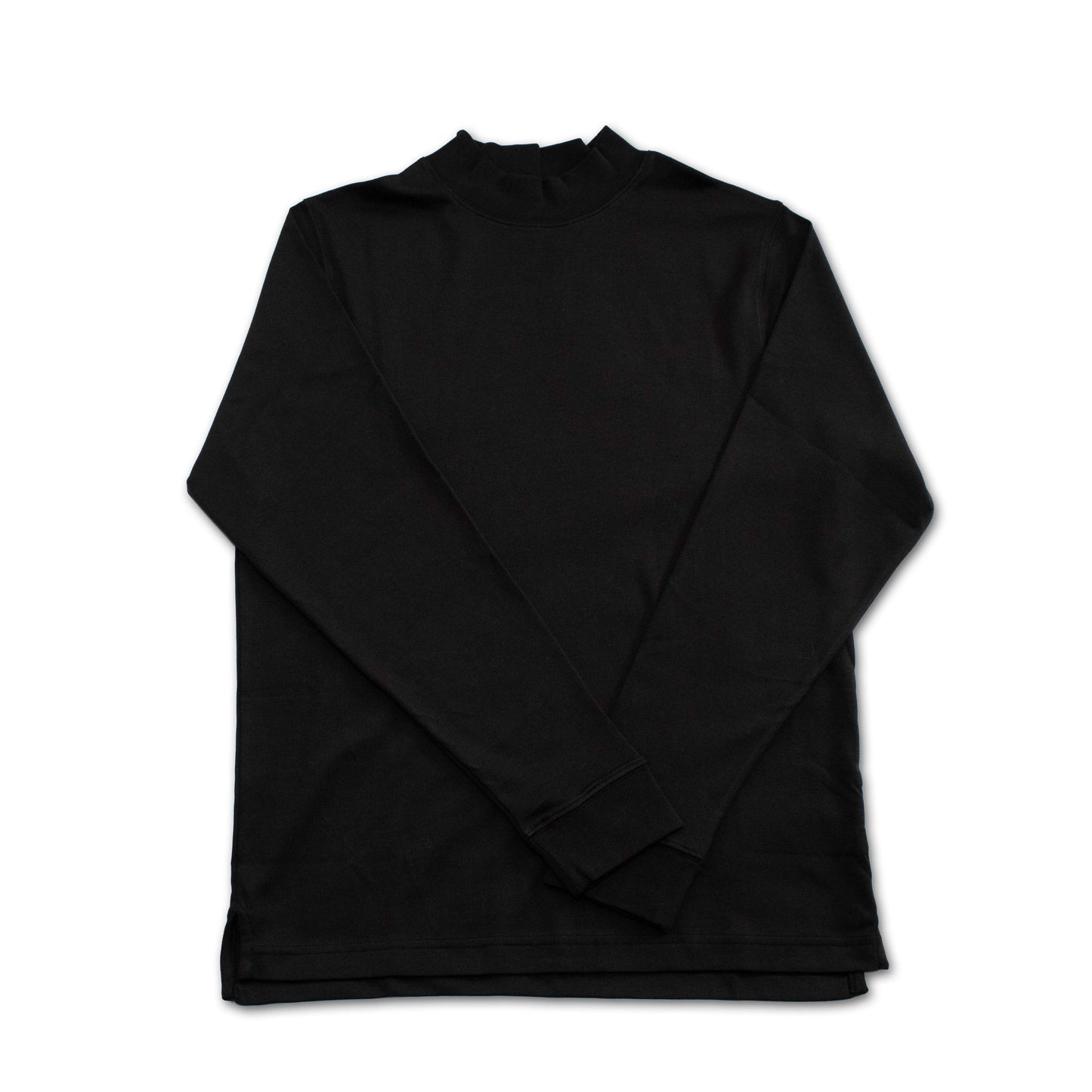 Black 100% Pima Cotton Mock Neck Long Sleeve Shirt folded neatly for display