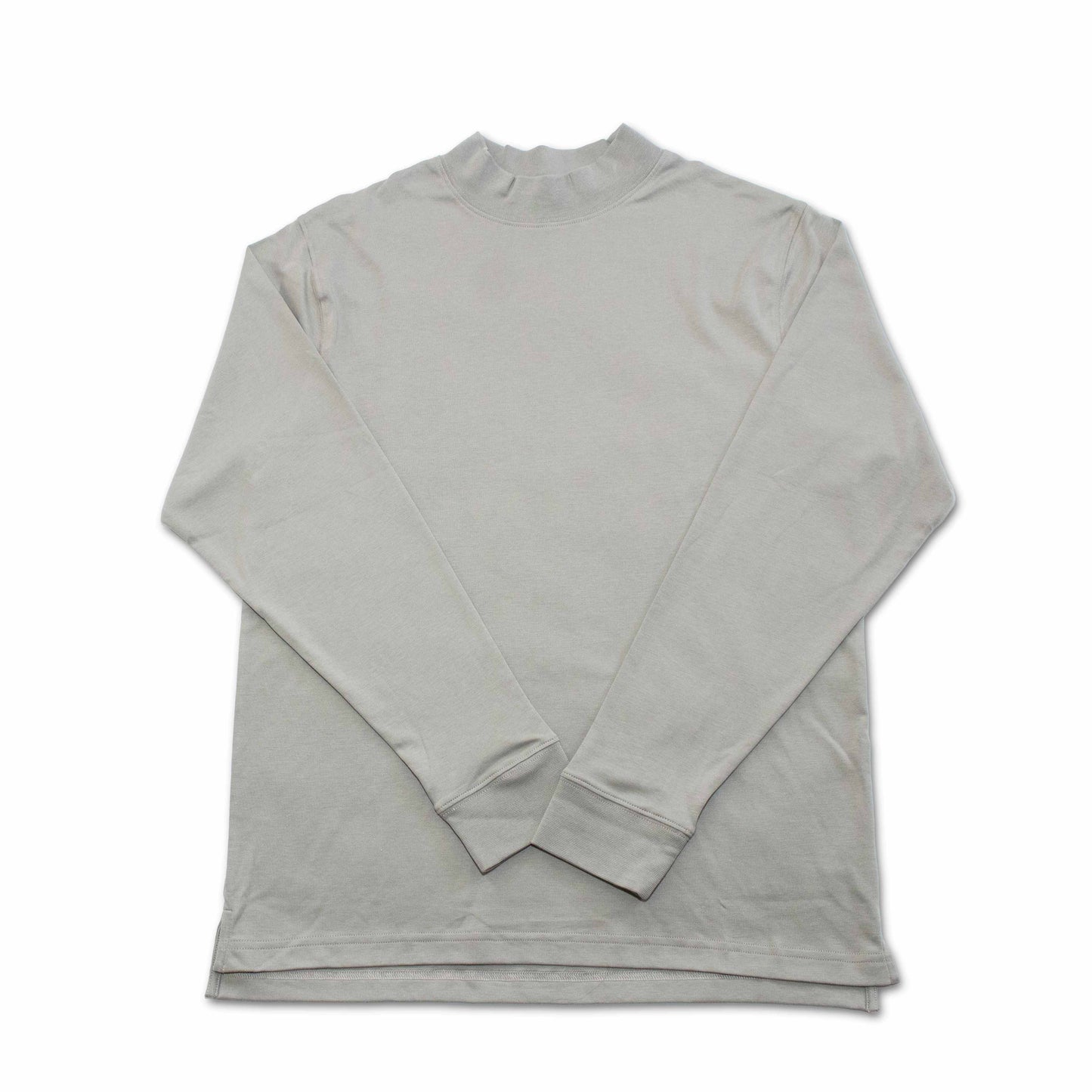 100% Pima Cotton Mock Neck Long Sleeve Shirt in light grey on white background, showcasing its breathability and moisture-wicking features.