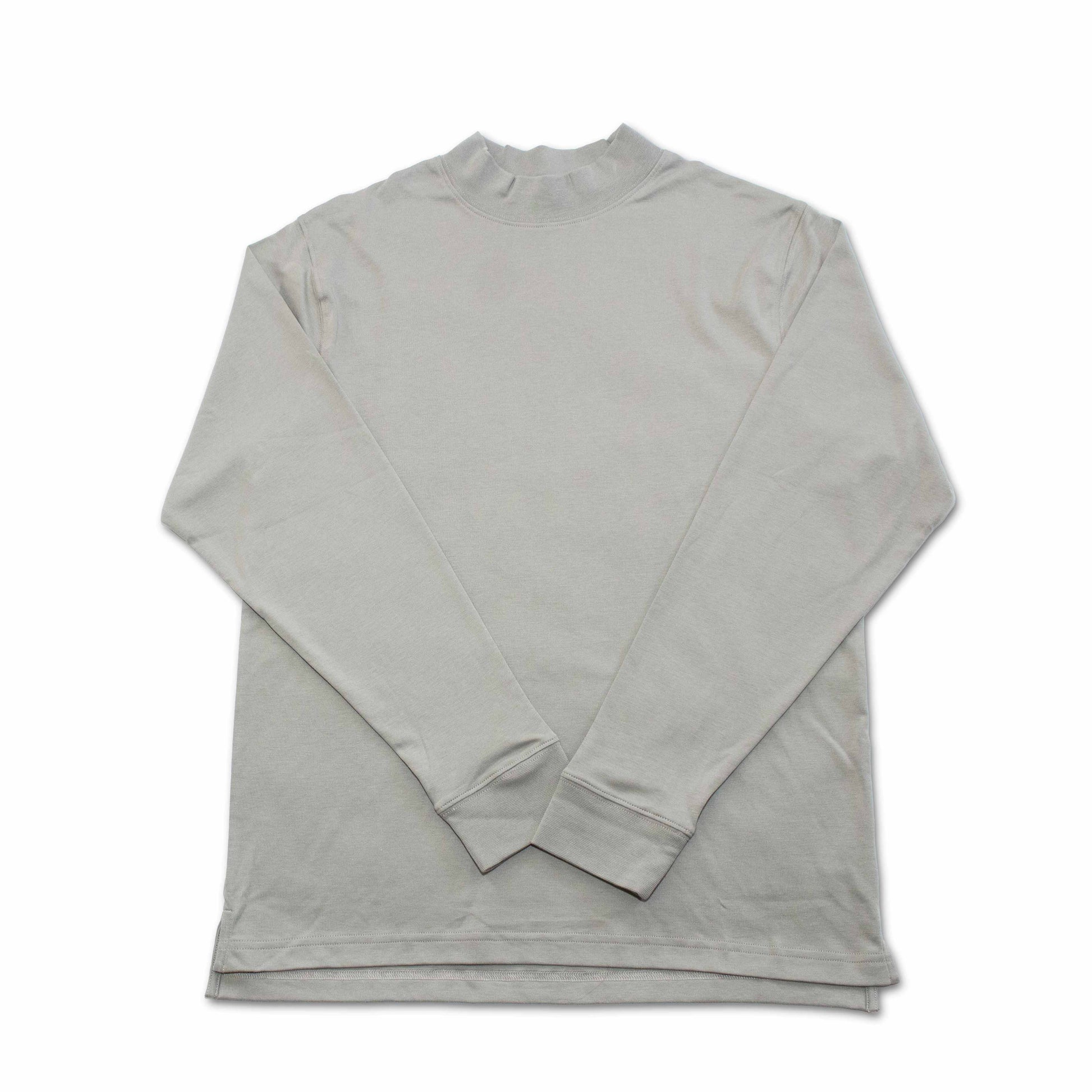 100% Pima Cotton Mock Neck Long Sleeve Shirt in light grey on white background, showcasing its breathability and moisture-wicking features.