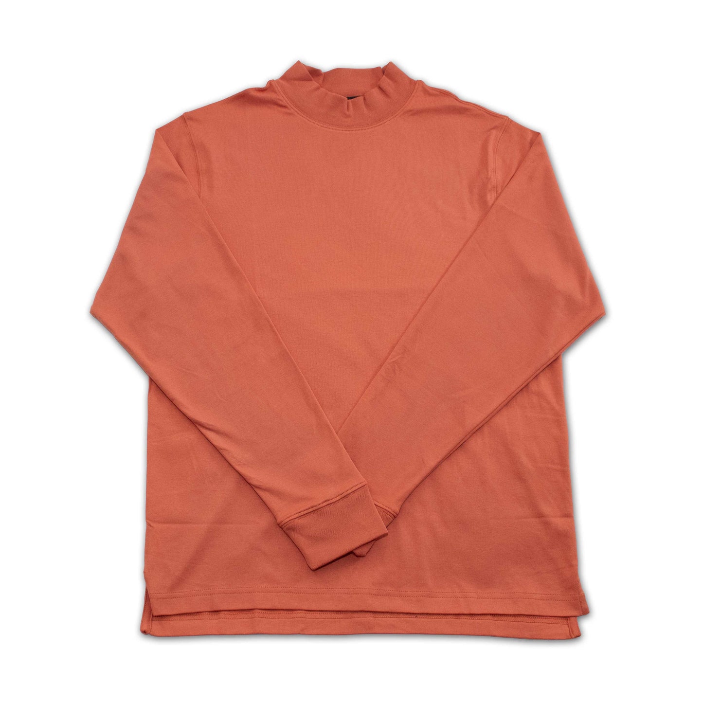 100% Pima Cotton Mock Neck Long Sleeve Shirt in orange, showcasing breathable and moisture-wicking fabric, designed for comfort.