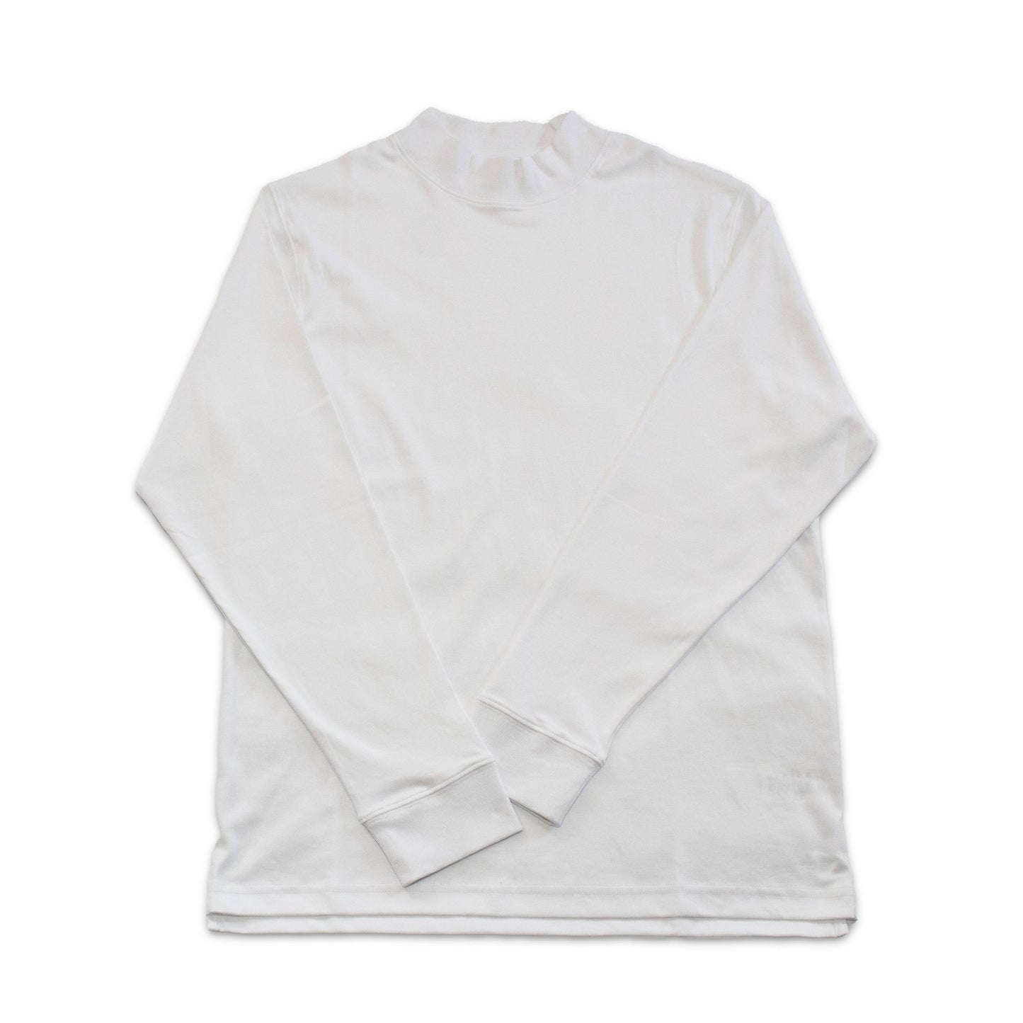 White 100% Pima Cotton Mock Neck Long Sleeve Shirt with exceptional breathability and moisture-wicking fabric.