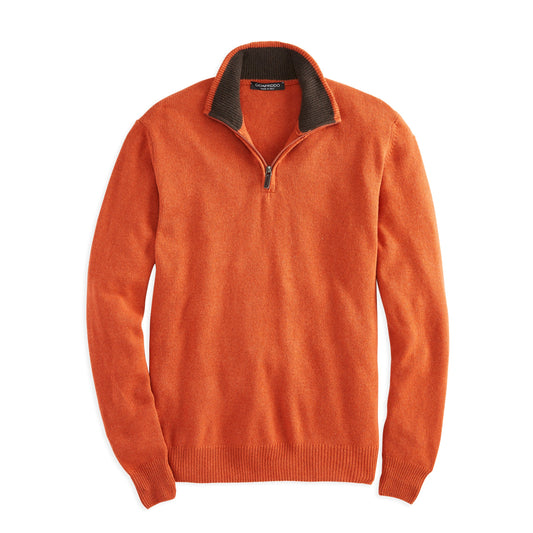 Cashmere Blend Quarter Zip in orange with ribbed waistline and lined neckline, perfect for both casual and dressier occasions.