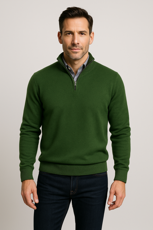 Cashmere blend Quarter-Zip Pullover Sweater - FOREST shown on model