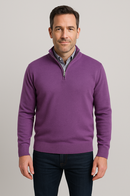 Man wearing Cashmere blend Quarter-Zip Pullover Sweater - Lilac, showcasing classic stand collar and ribbed cuffs.