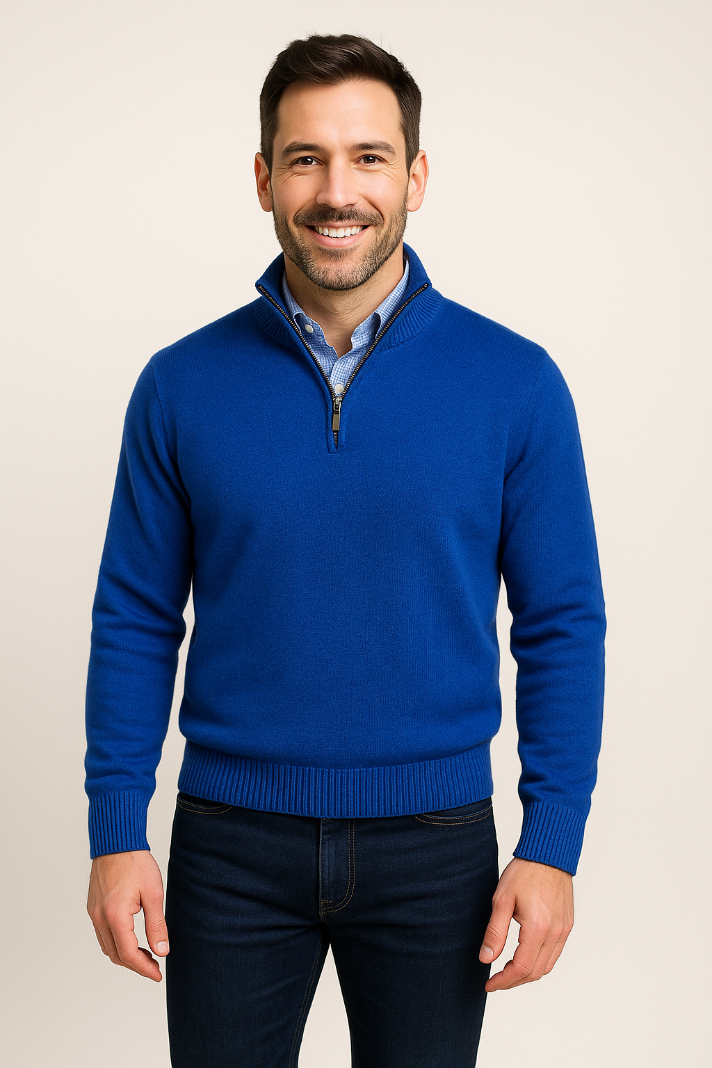 Cashmere blend Quarter-Zip Pullover Sweater - Royal in blue, tailored fit, modeled with ribbed cuffs and quarter-zip closure.