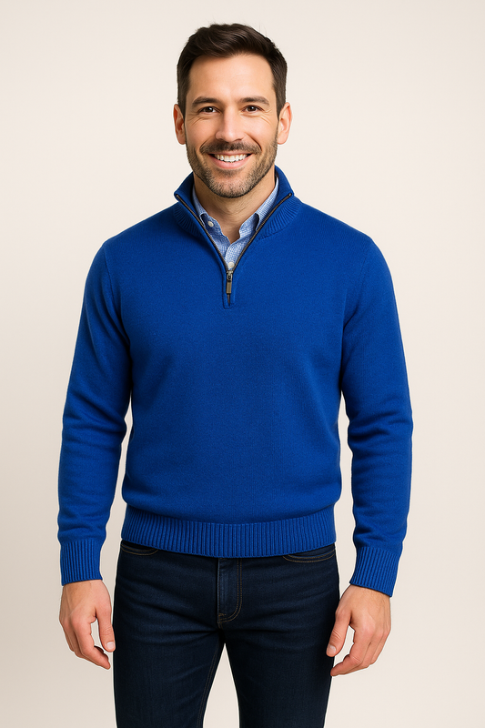 Cashmere blend Quarter-Zip Pullover Sweater - Royal in blue, tailored fit, modeled with ribbed cuffs and quarter-zip closure.