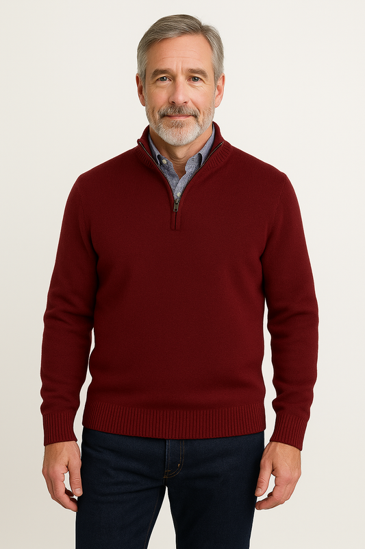 Cashmere blend Quarter-Zip Pullover Sweater - Wine in rich wine color with stand collar, perfect for versatile layering.