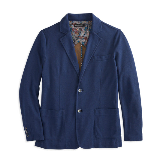 Navy Knit Blazer with floral paisley lining, two buttons, patch pockets, and sharp crease detailing, perfect for versatile styling.