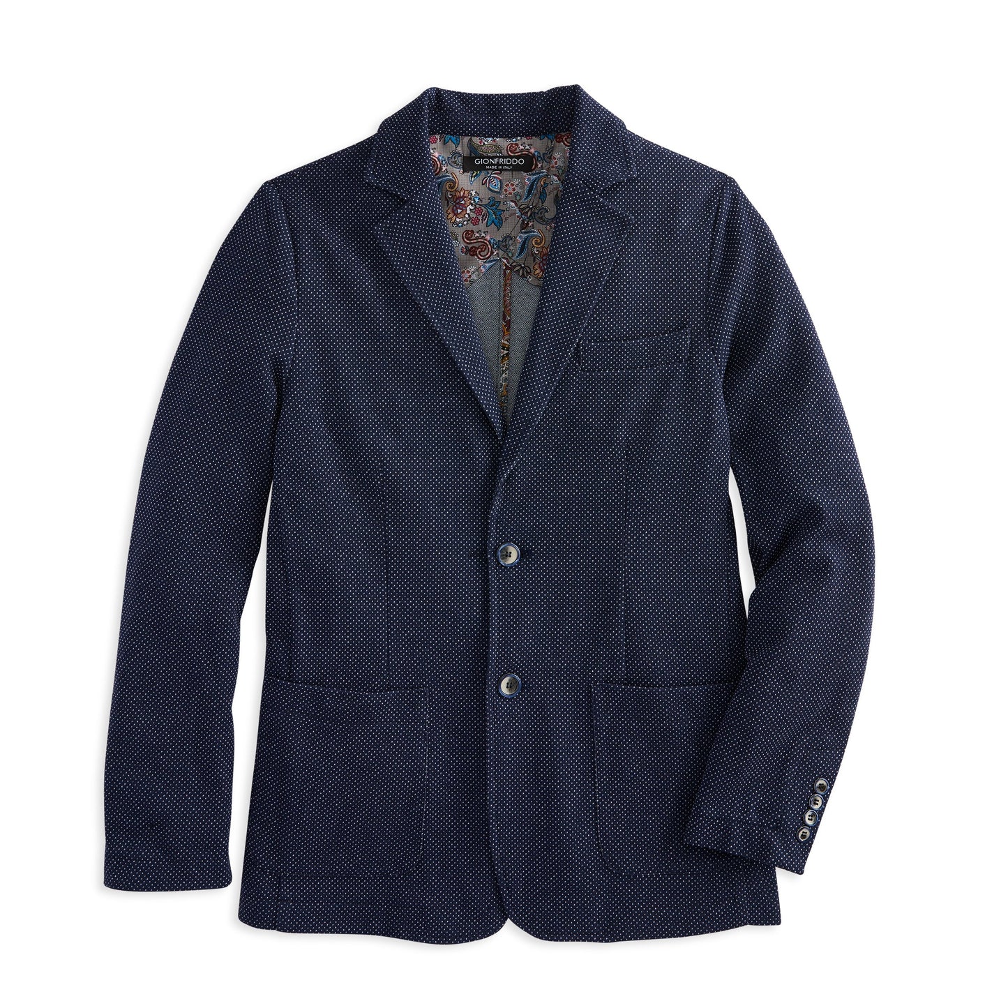 Pin Dot Knit Blazer with floral paisley lining, two buttons, and patch pockets, showcasing elegant fit and sharp crease detailing.