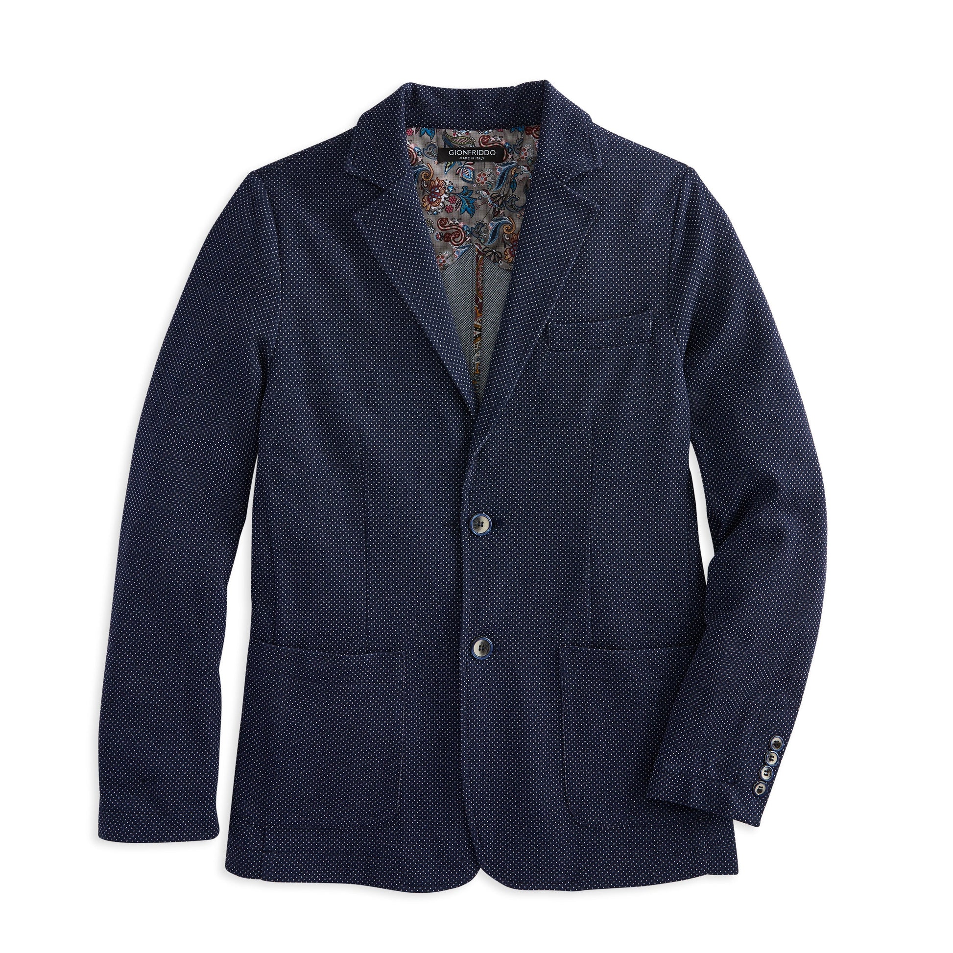 Pin Dot Knit Blazer with floral paisley lining, two buttons, and patch pockets, showcasing elegant fit and sharp crease detailing.