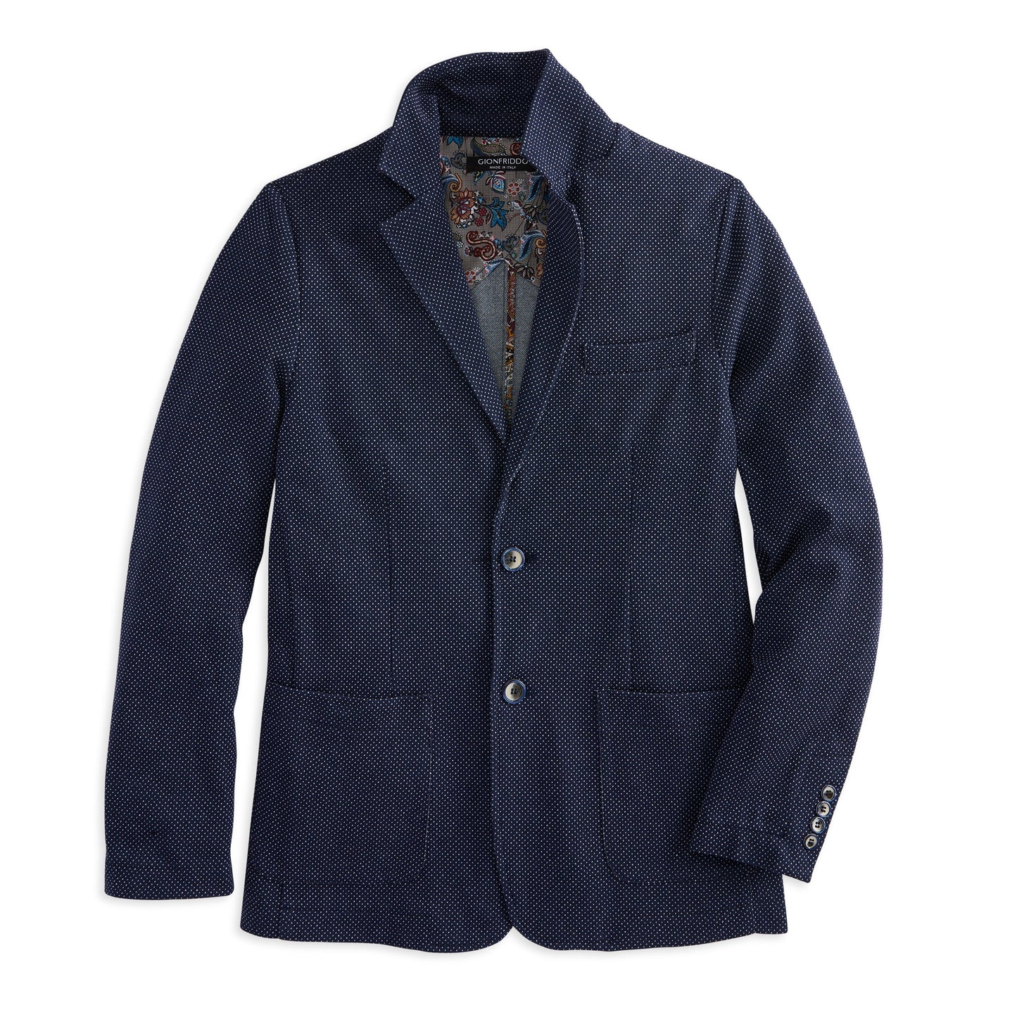 Pin Dot Knit Blazer with floral paisley lining, two buttons, and patch pockets, ideal for both casual and formal occasions.