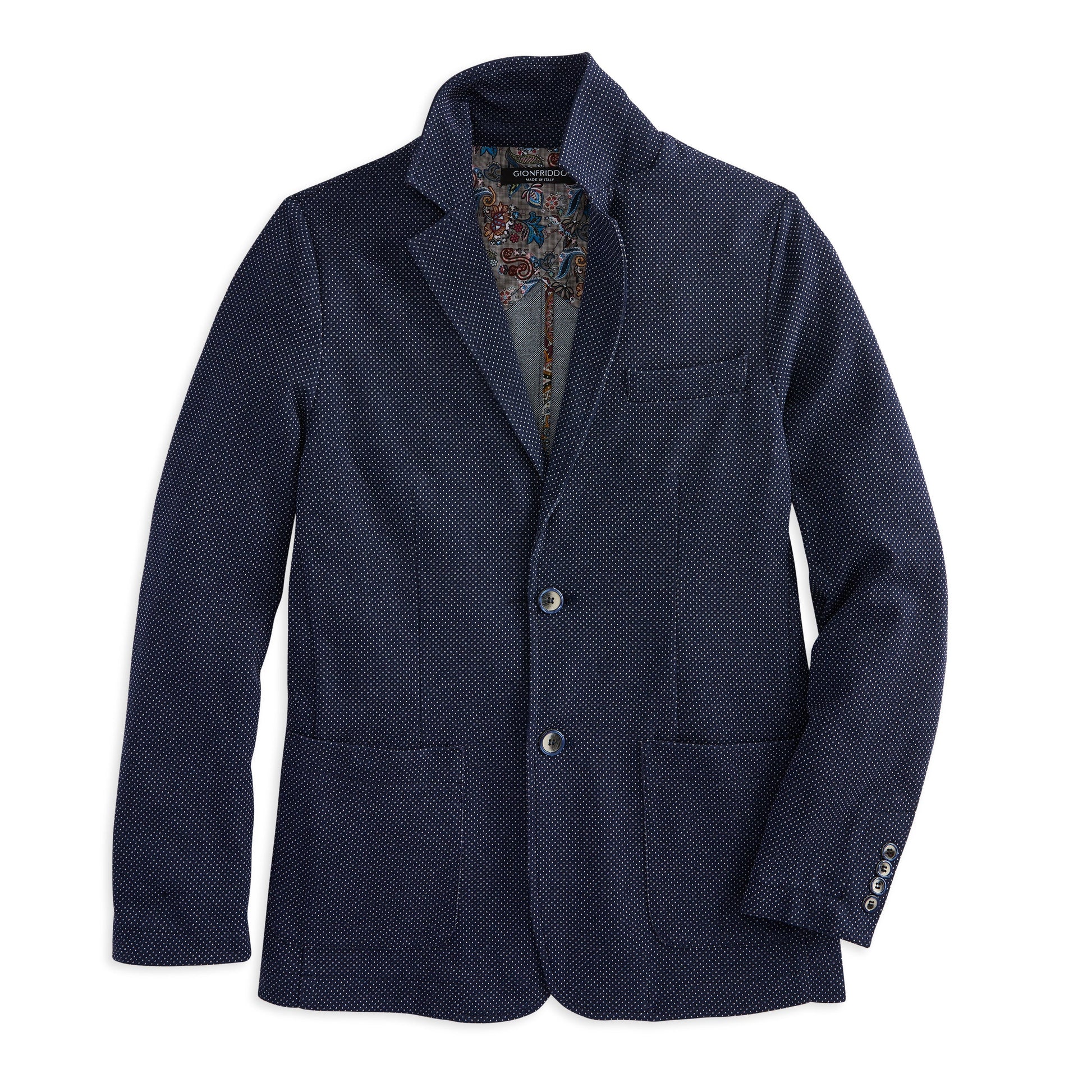 Pin Dot Knit Blazer with floral paisley lining, two buttons, and patch pockets, ideal for both casual and formal occasions.