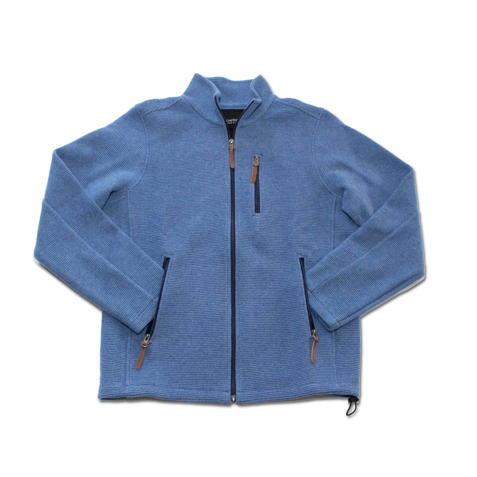 Windstopper Jacket - Jean Blue with Valtherm technology, ribbed texture, and leather zip pulls. Made in Italy. Perfect for transitional weather.