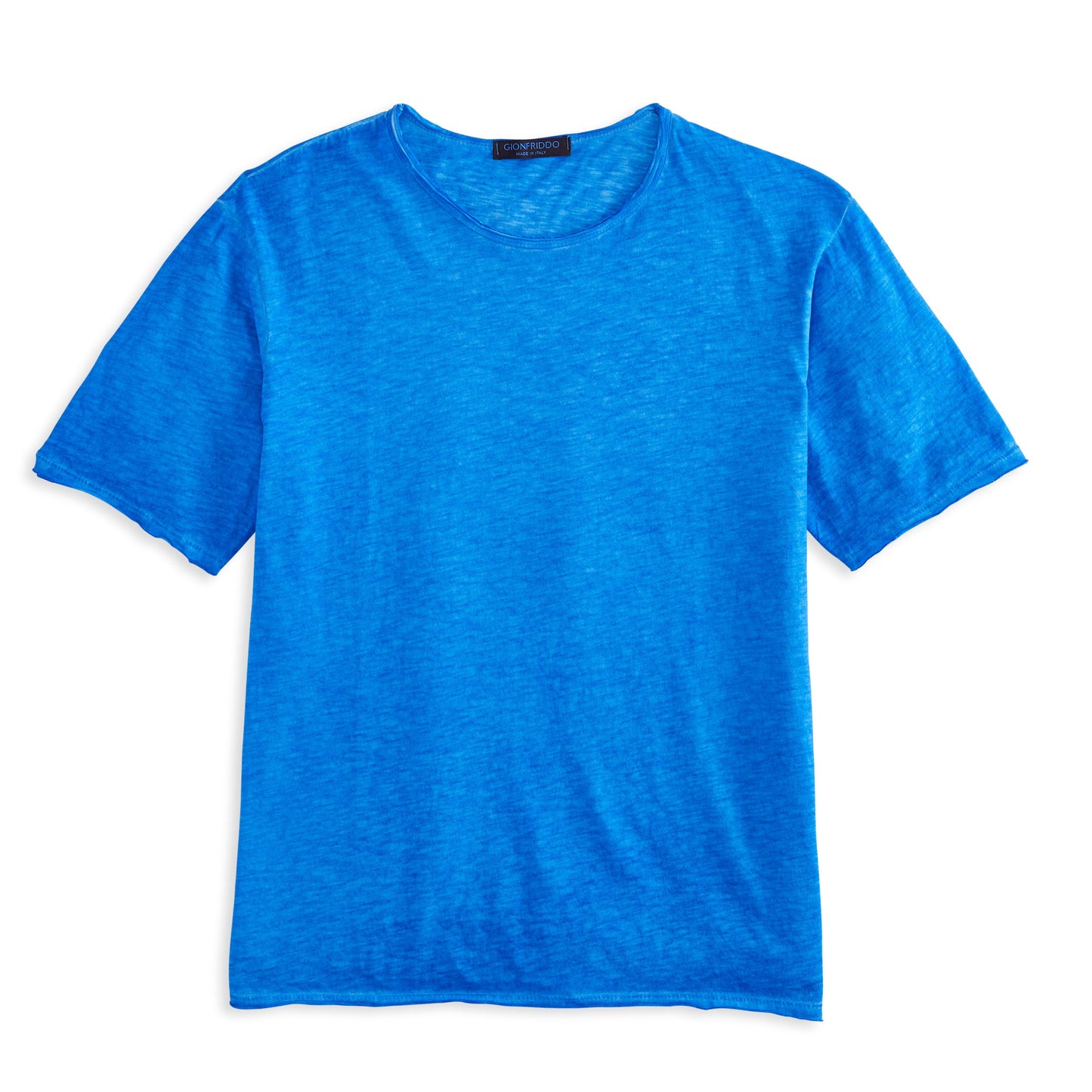 Blue Short Sleeve Roll Neck T shirt with lightweight fabric, ideal for casual and formal wear, made in Italy.