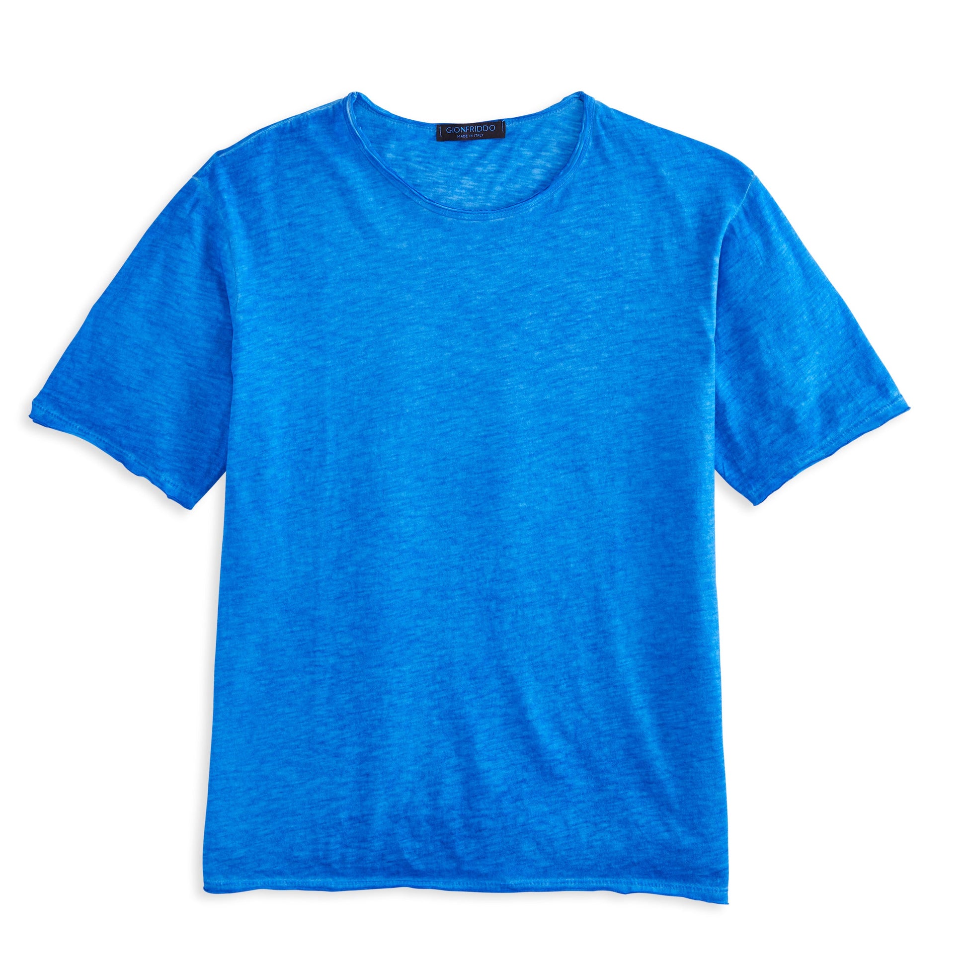 Blue Short Sleeve Roll Neck T shirt with lightweight fabric, ideal for casual and formal wear, made in Italy.
