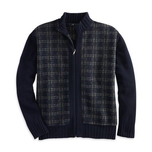 Plaid sweater jacket with full-zip closure and ribbed finish on neck, wrists, and waist, ideal for versatile and stylish wear.