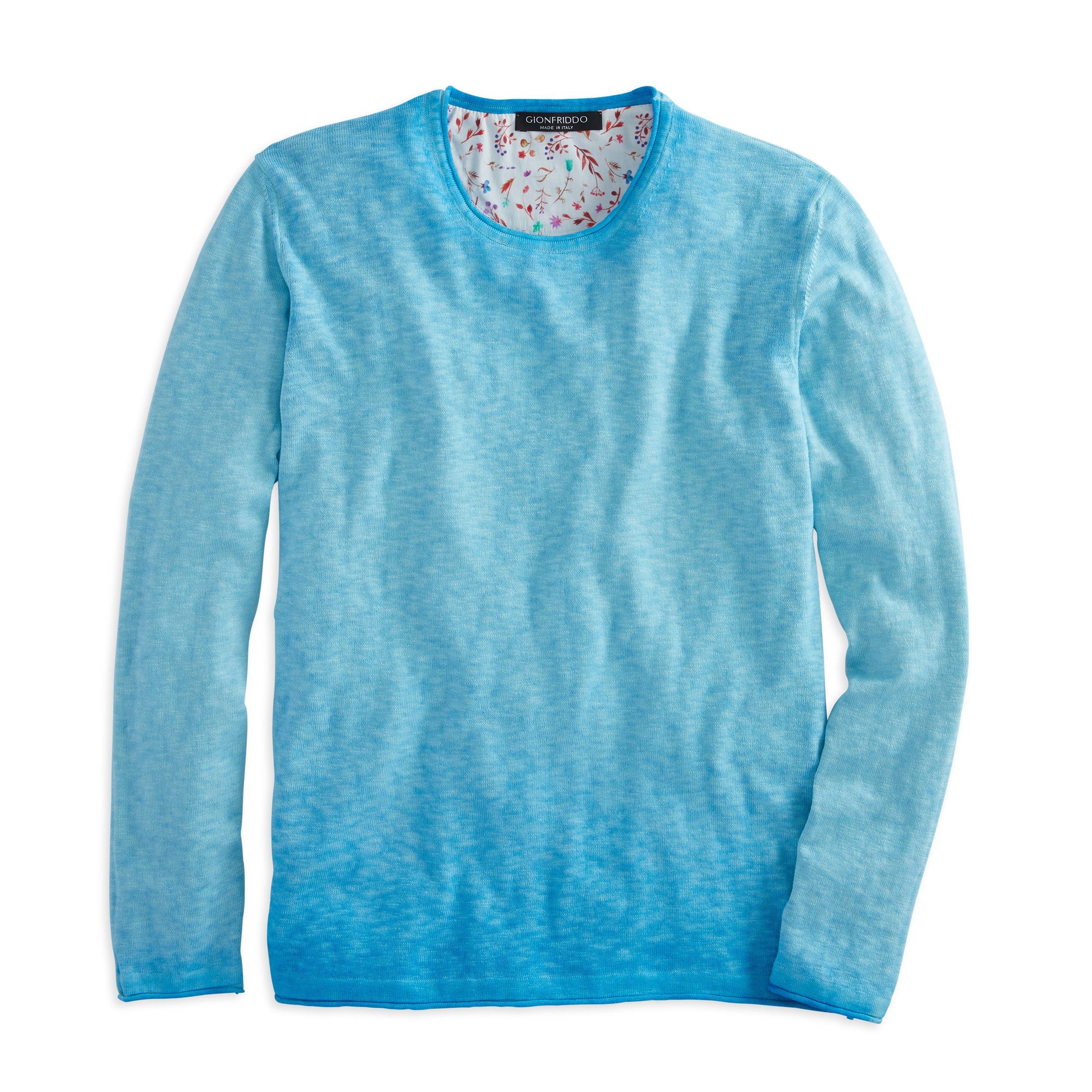 Long Sleeve Sweater in light blue ombré with floral lining, roll neck design, 100% cotton material for a classic and stylish look.
