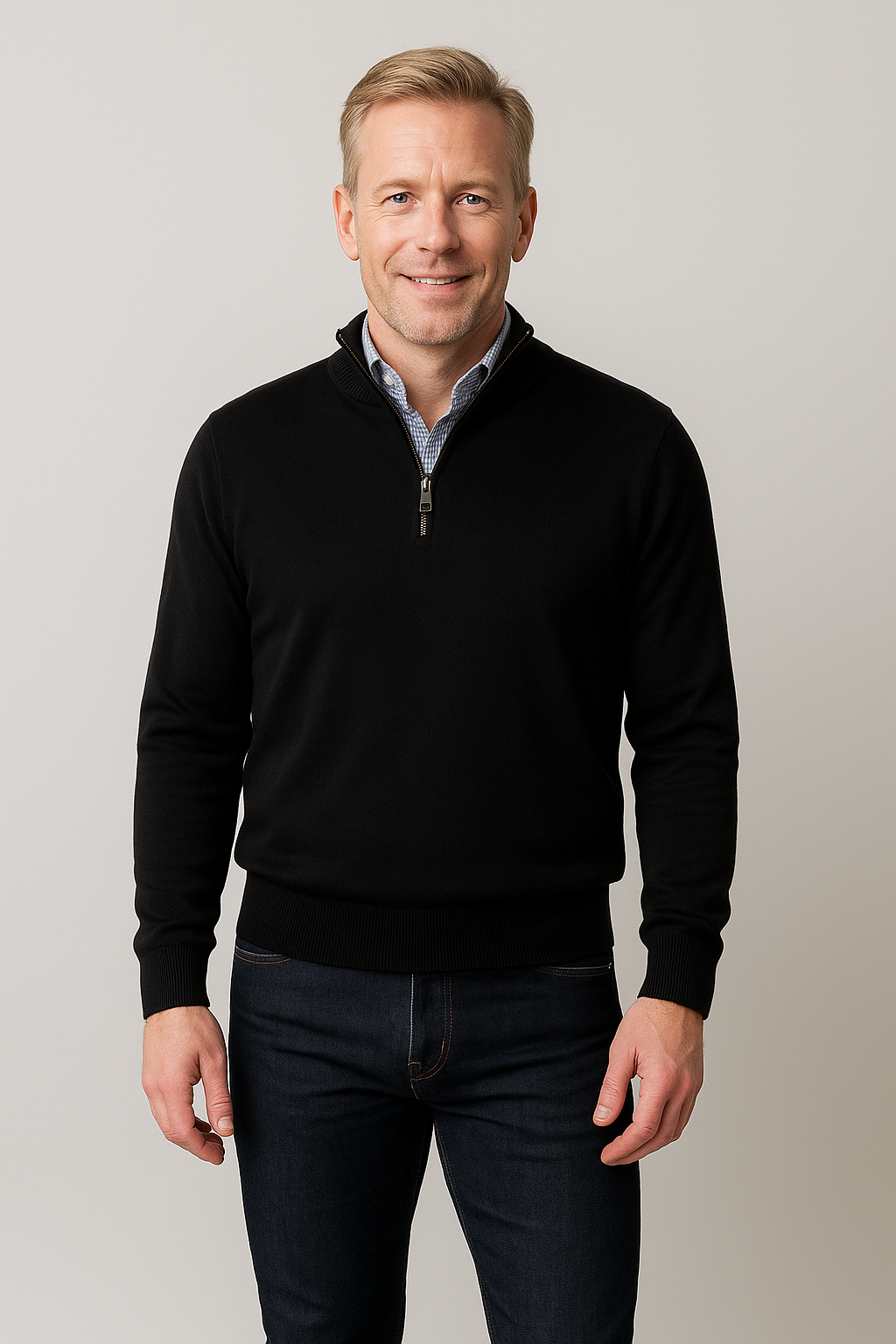 Model wearing Merino Wool Quarter-Zip Sweater in Black with ribbed cuffs and hem, sleek zip-up collar, ideal layering wear.