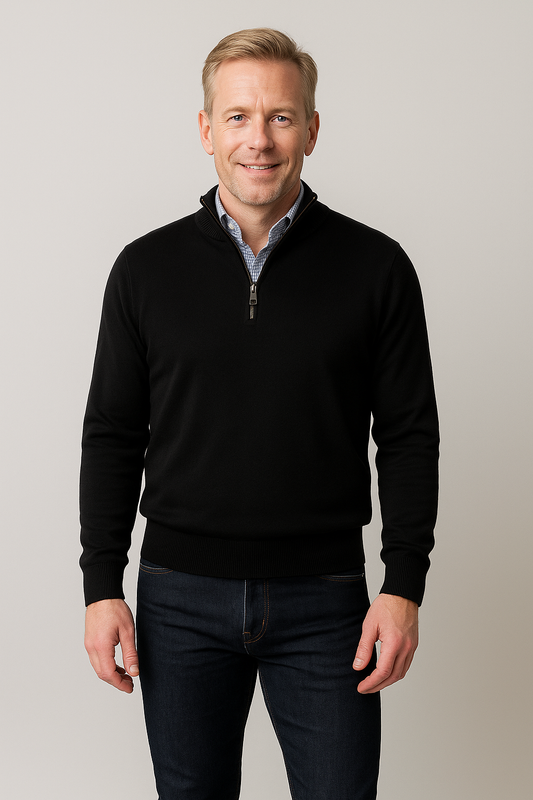 Model wearing Merino Wool Quarter-Zip Sweater in Black with ribbed cuffs and hem, sleek zip-up collar, ideal layering wear.