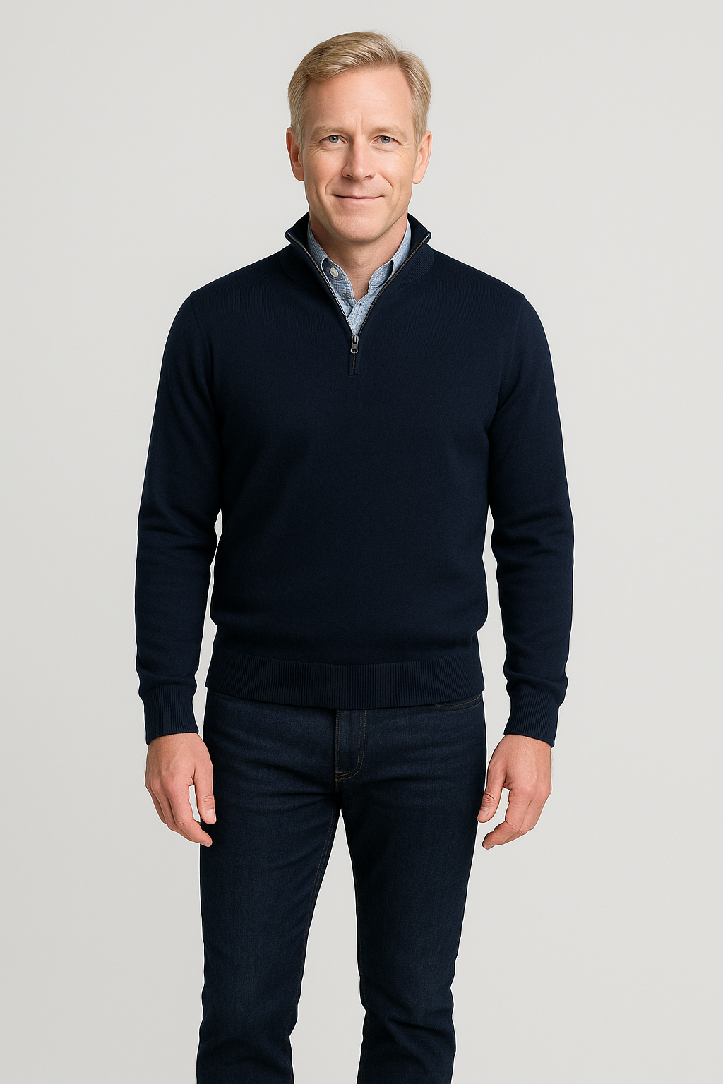 Man wearing a Merino Wool Quarter-Zip Sweater in Navy with ribbed cuffs and hem, perfect for layering, made in Italy.