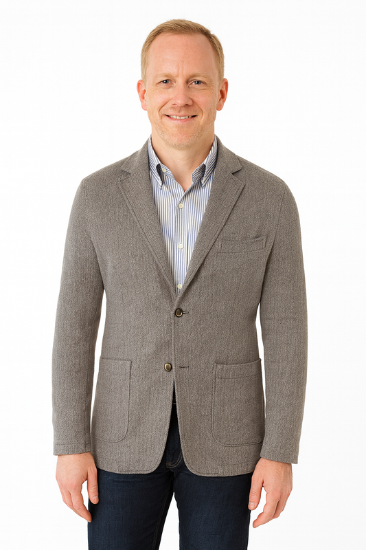 Man wearing Textured Knit Blazer in Gray over dress shirt