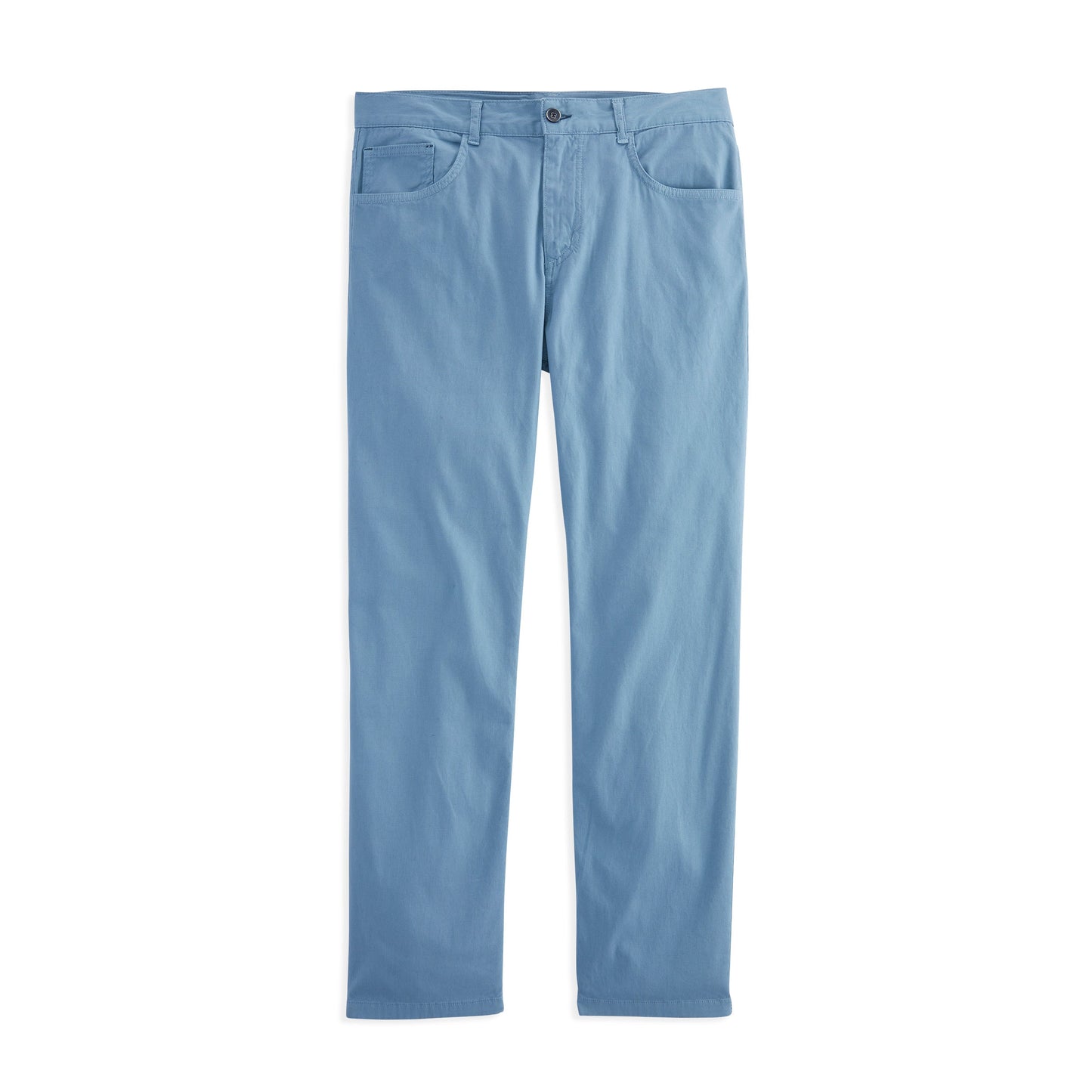 Light blue 5 Pocket Jean Model with tailored straight leg and button closure, made of 97% cotton and 3% elastic, displayed on white background.