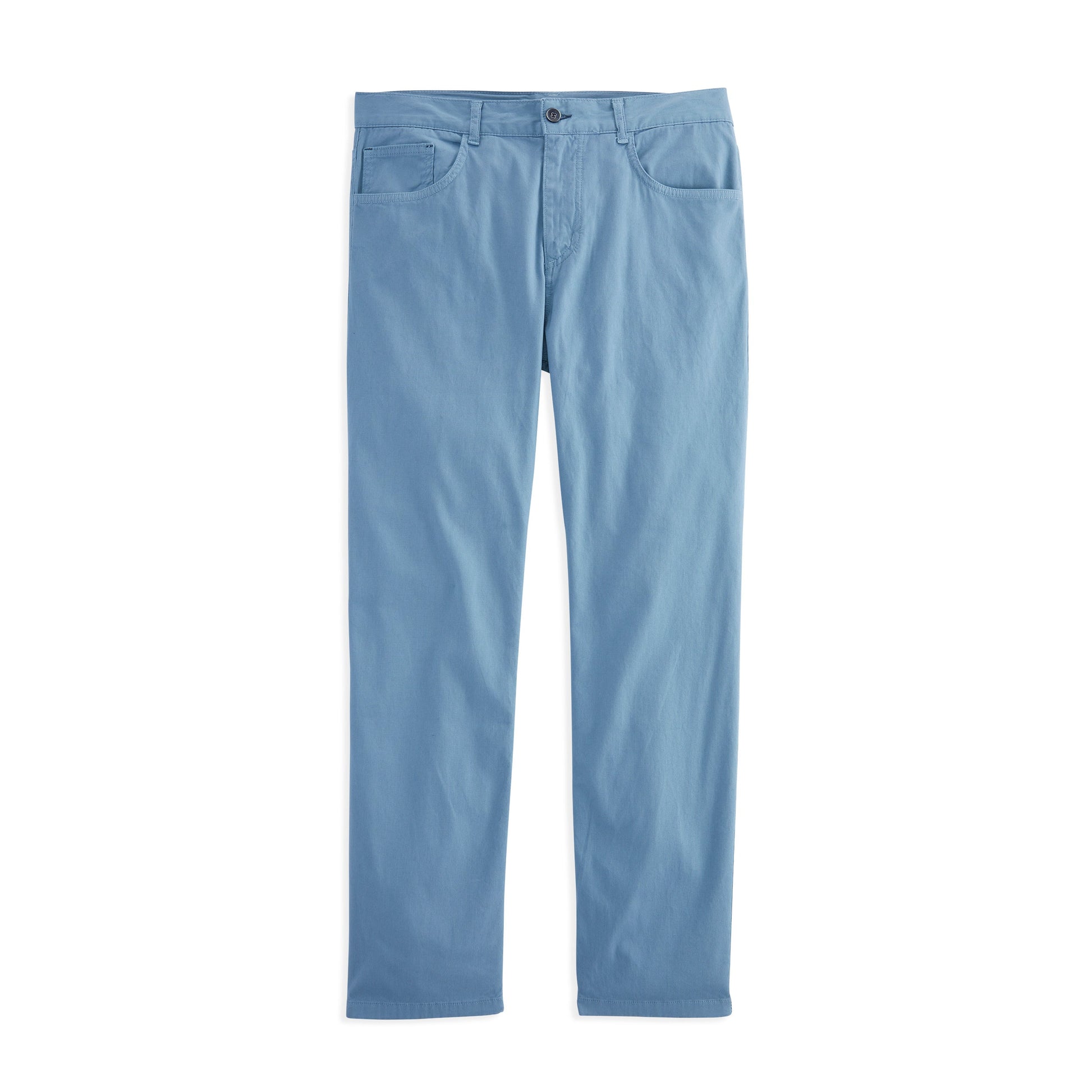 Light blue 5 Pocket Jean Model with tailored straight leg and button closure, made of 97% cotton and 3% elastic, displayed on white background.